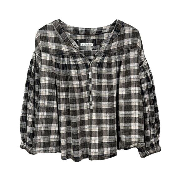 Free People Jessi Plaid Balloon Sleeve Top Small Brown Boho Cottage Casual - Picture 3 of 9